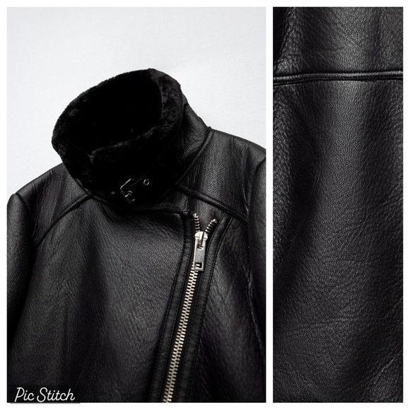 Zara Black Faux Leather Shearling Biker Jacket - Picture 8 of 12